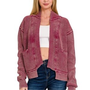 222. Women's Wine Acid Wash Ribbed Drop Shoulder Cardigan NEW